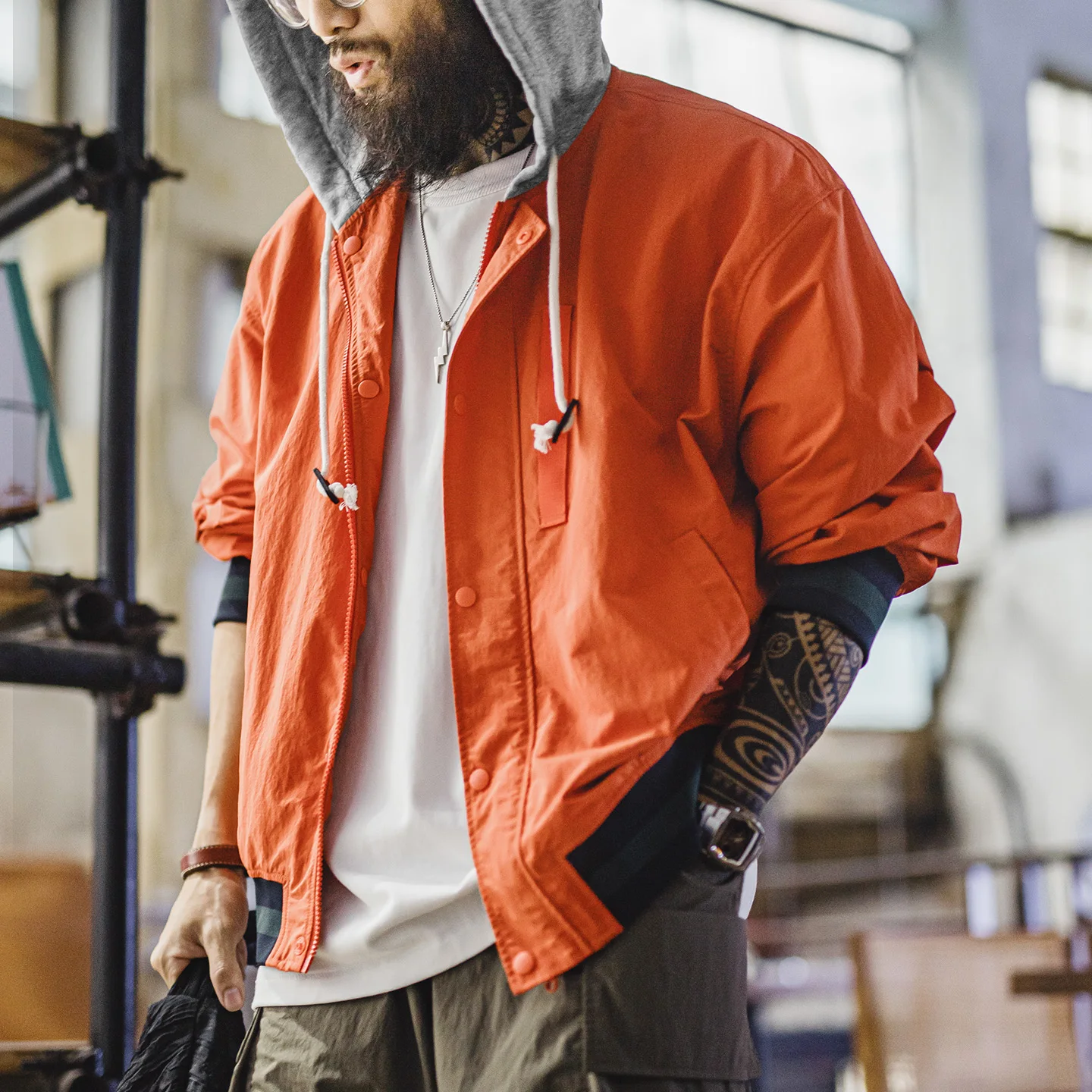 Maden Men's Vintage Colorblock Hooded Jacket Lightweight Short Zip-Up Casual Coat Orange for Spring Fall Male Outwear