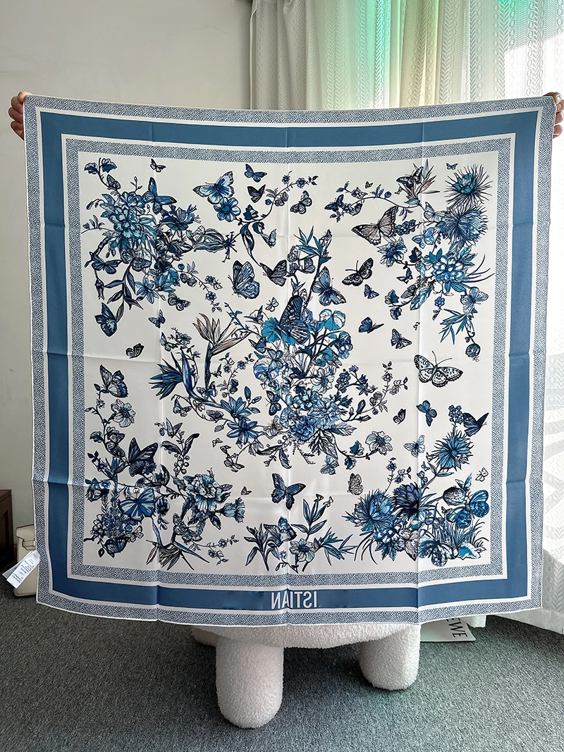 

Toile de Jouy Mexico 90 Square Scarf Mexican Flower Printed Square Scarf Scarves of birds Flowers Blue Scarf Women Spring Hijab