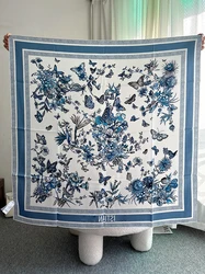 Toile de Jouy Mexico 90 Square Scarf Mexican Flower Printed Square Scarf Scarves of birds Flowers Blue Scarf  Women Spring Hijab