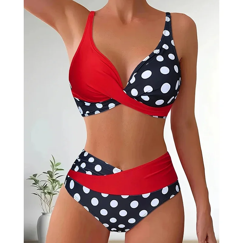 

Лоскутный купальный костюм с принтом в горошек, женский комплект бикини с нерегулярной талией, лето 2025, новый модный пляжный купальник из двух предметов