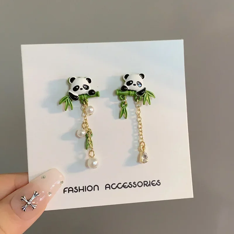 Personality Asymmetrical Cat Bear Long Tassel Earrings Chinese Style Cute Bamboo Panda Earrings for Women Girls Gifts