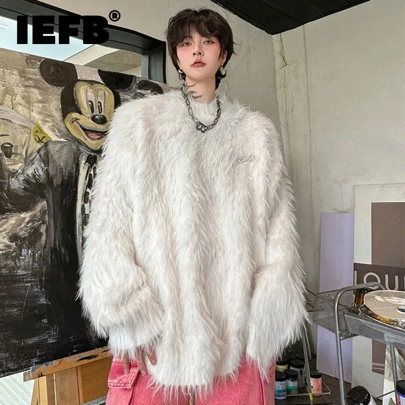 IEFB Winter Men\'s Sweater Solid Color Mohair Pullovers Fashion Knitting Thick Woolen Tops Trend Loose Oversize Clothing 9C3449