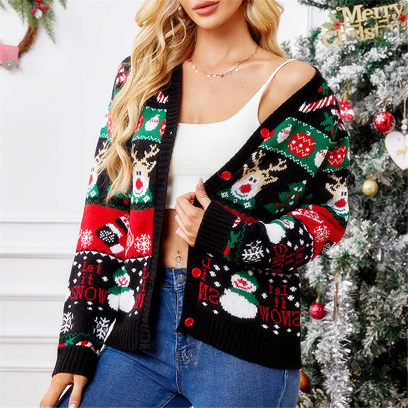 

NEW Cardigan Christmas Sweater Women Elegant Pullver Funny Deer Sweaters for Women Knitted Mujer Jumper with Button Ugly Top Red