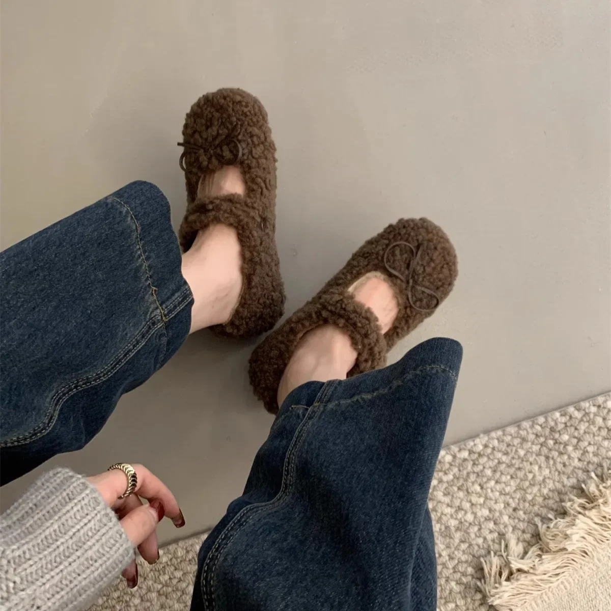 Women\'s Shearling Ballet Flats with Strap Warm Rabbit Fur Plush Lined Crystal Buckle Mary Jane Flat Shoes