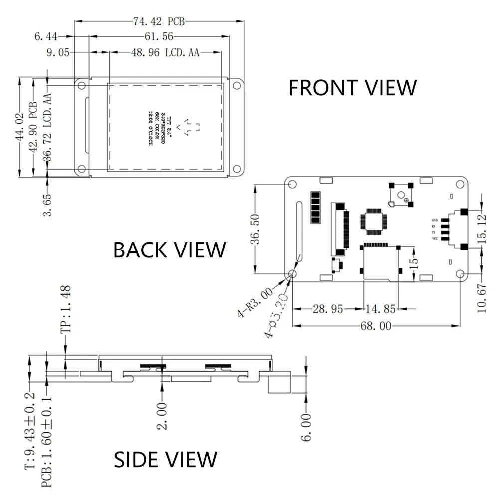 2,4-Zoll 320x240 Smart-LCD-Bildschirm-Displaymodul, ultradünn, SPI-Schnittstelle, Touch-Funktion, abgerundete Ecken für Elektronik – Detail 5