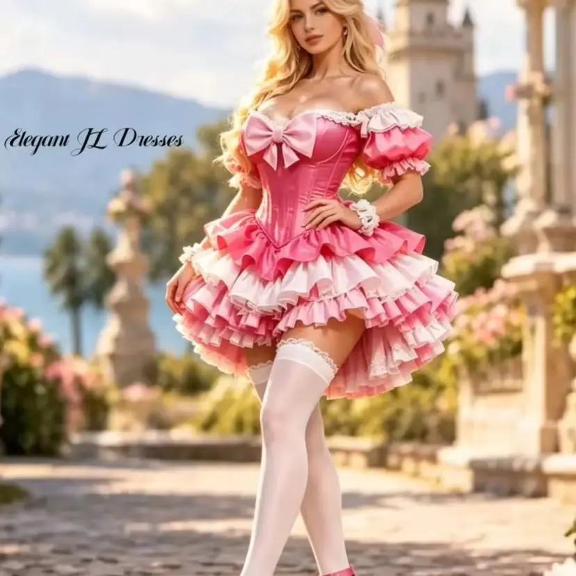 Fairytale Sweet Prom Dress Lolita Pink Satin Off Shoulder Corset Puff Sleeve Big Bow Gradient Tier Mini Tea Party Customized