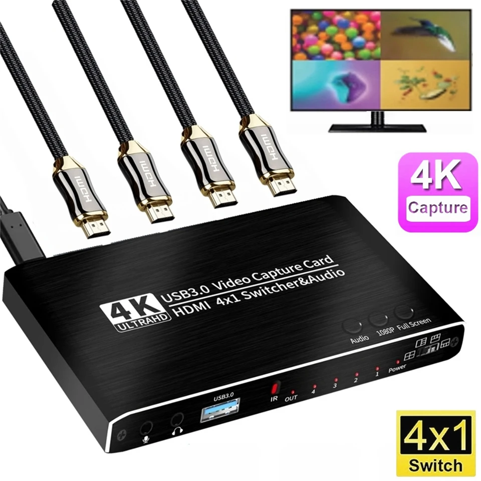 4 in 1 out Quad Screen cutting HDMI Video Capture Card 4 Channel USB 3.0 HDMI Switch Game Caputre Multi-Channel Live Streaming