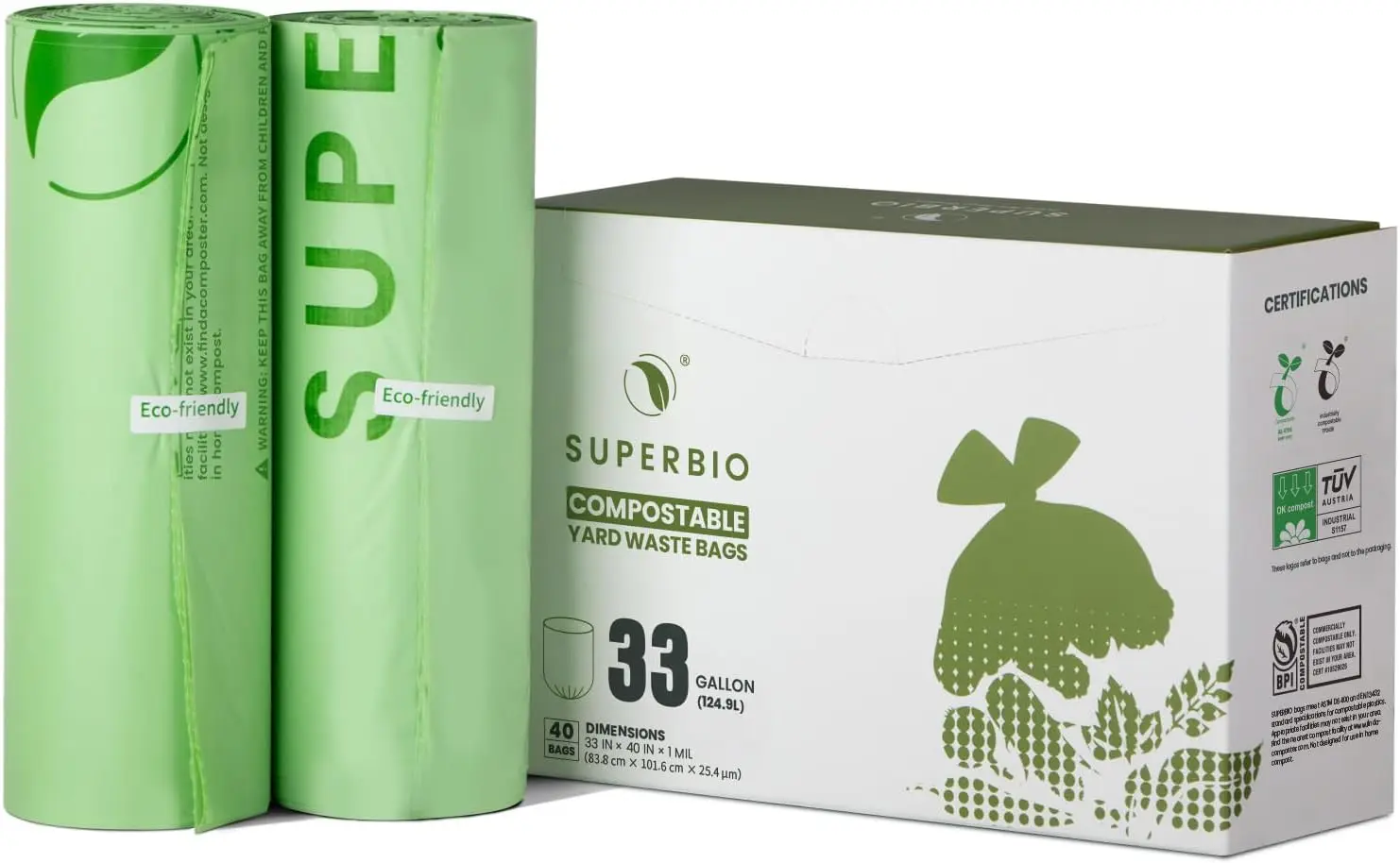 

33 Gallon Compostable Yard Waste Bags, 40 Count, ASTM D6400 Certified, Industrial Strength