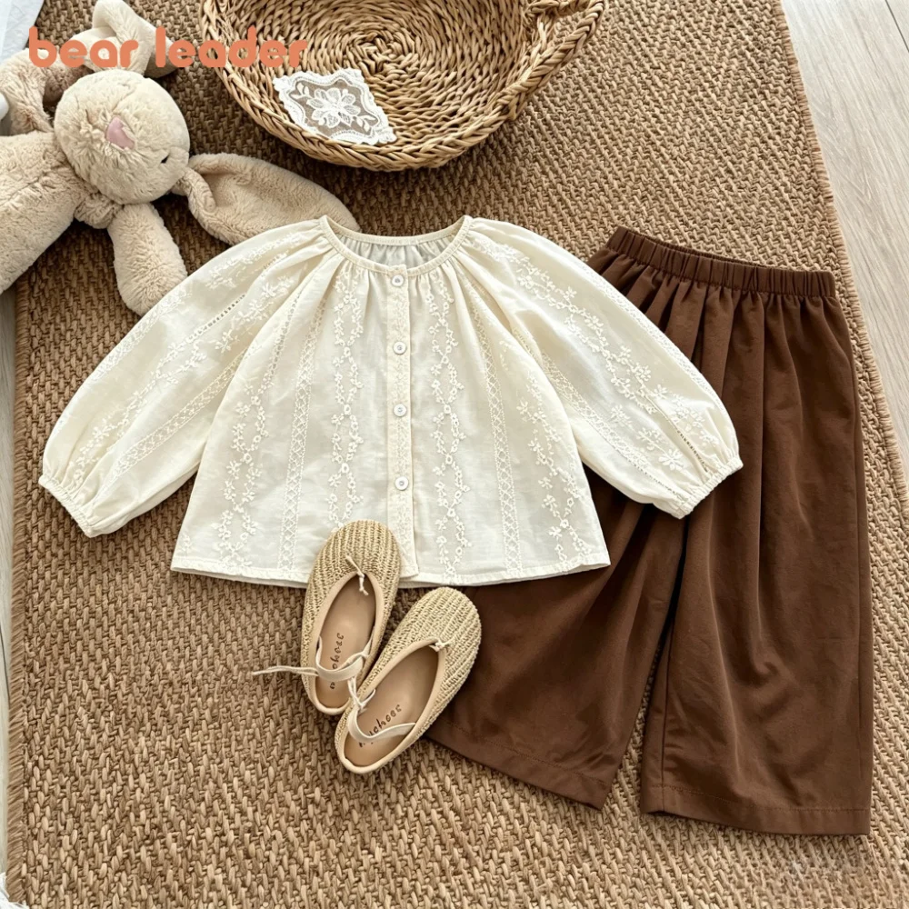 Bear Leader Autumn Solid Color Children's Two-piece Set Korean Girls' Clothing Beige Long Sleeved Printed Top + Brown Pants