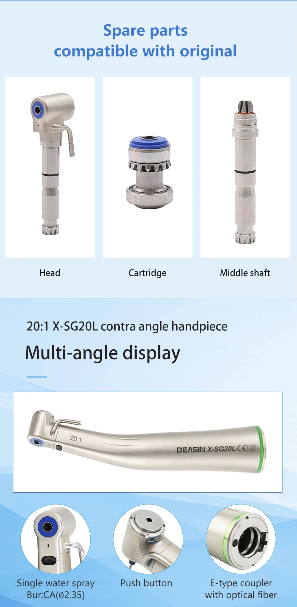 Contra Angle 1:1 1:5 20:1 1:4.2 Dental Handpiece Fiber Optic Low Speed High Speed X95L Style Dental Implant Equipment