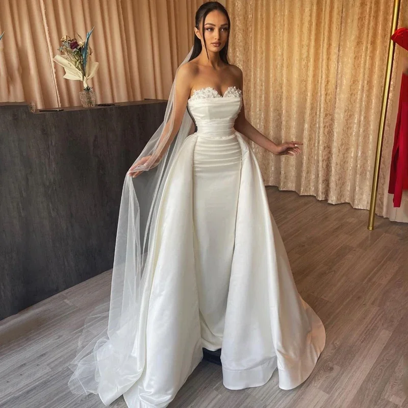 Sexy White Wedding Dresses Lace Sweetheart Detachable Train Bride Dress Mermaid Satin Wedding Evening Gowns Customized Evening