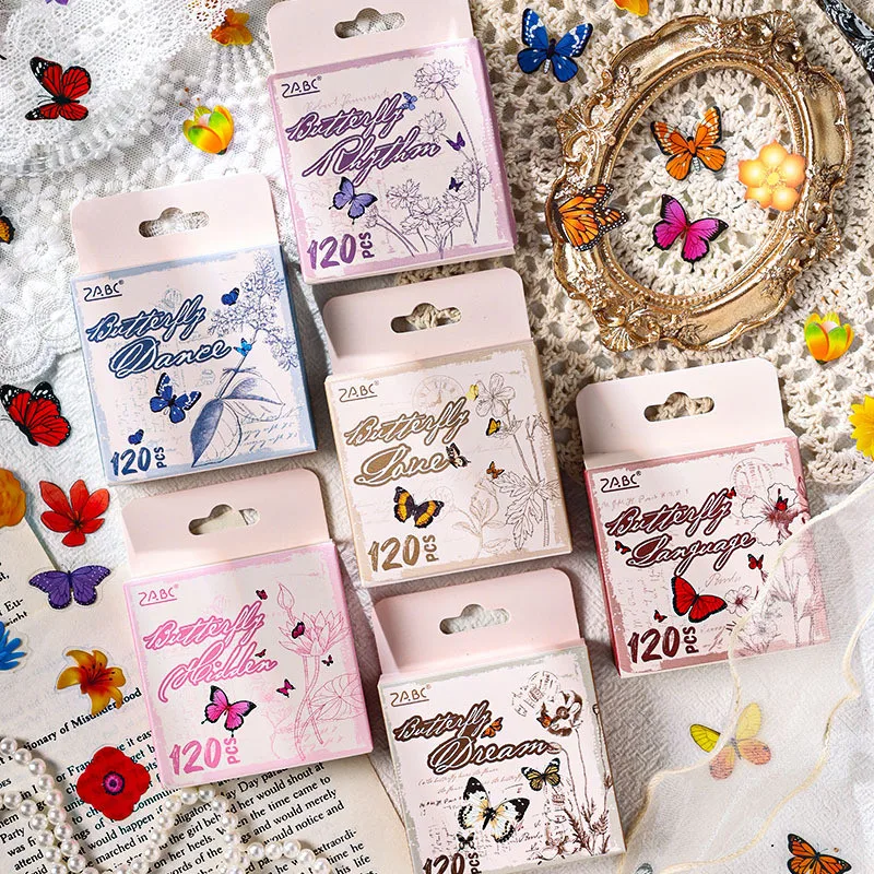 

Journamm 120pcs/box Colorful Butterfly Stickers PET Materials DIY Scrapbooking Collage Stationery Planner Decor Diary Stickers