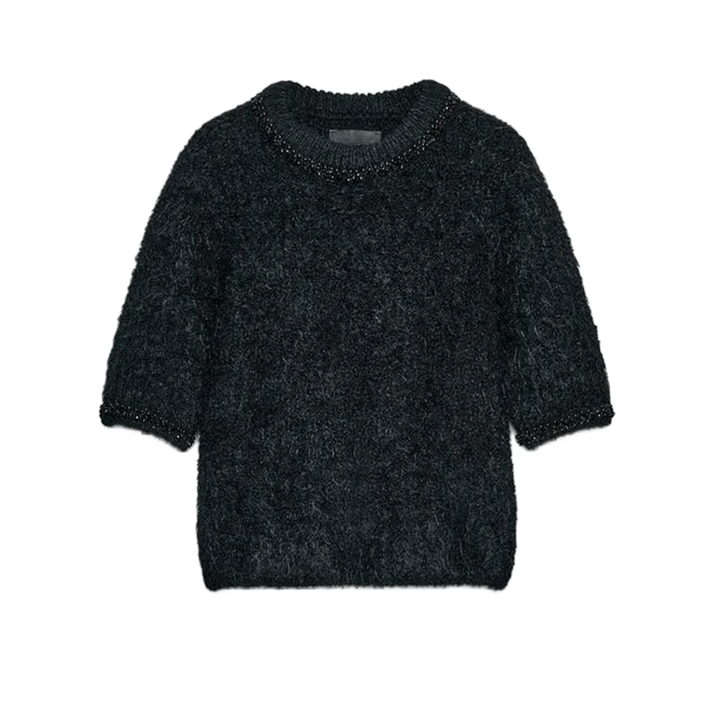 Zimowa nowa mata Damska dzianinowa bluzka z okrągłym dekoltem i koralikami Biżuteria Top Poliester Casual Dojazdy do pracy