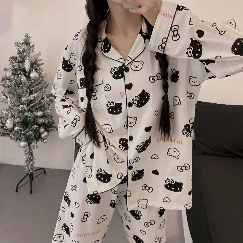 

Sanrio Hello Kitty женские пижамные комплекты для сна Kawaii мультфильм весна и осень брюки с длинными рукавами одежда для сна с лацканами домашняя одежда