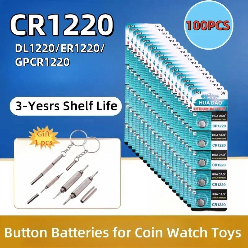 100Pcs High Capacity CR1220 Batteries 3V Lithium Coin Cell Fit for Watches healthcare Devices Calculator