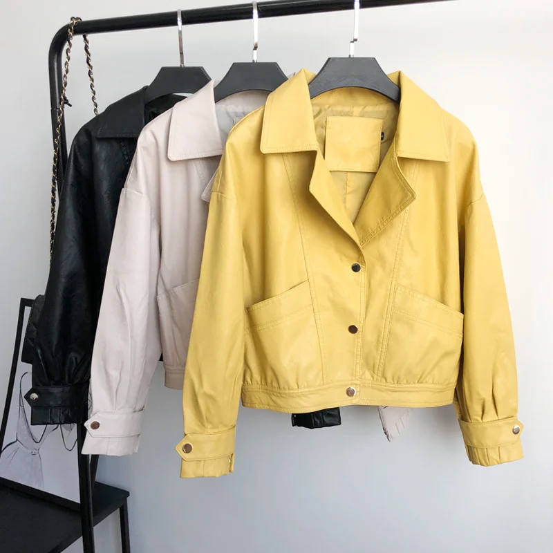 

Women New Spring Autumn Jacket Faux Leather Motorcycle Short Biker Coat Single Breasted Female Big Pocket Bike Coat