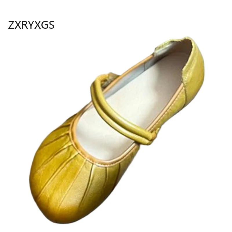 ZXRYXGS Head Layer Cowhide Cow Tendon Bottom Soft Wear Flat Shoe 2024 Autumn New Fashion Genuine Leather Shoes Woman's Flats