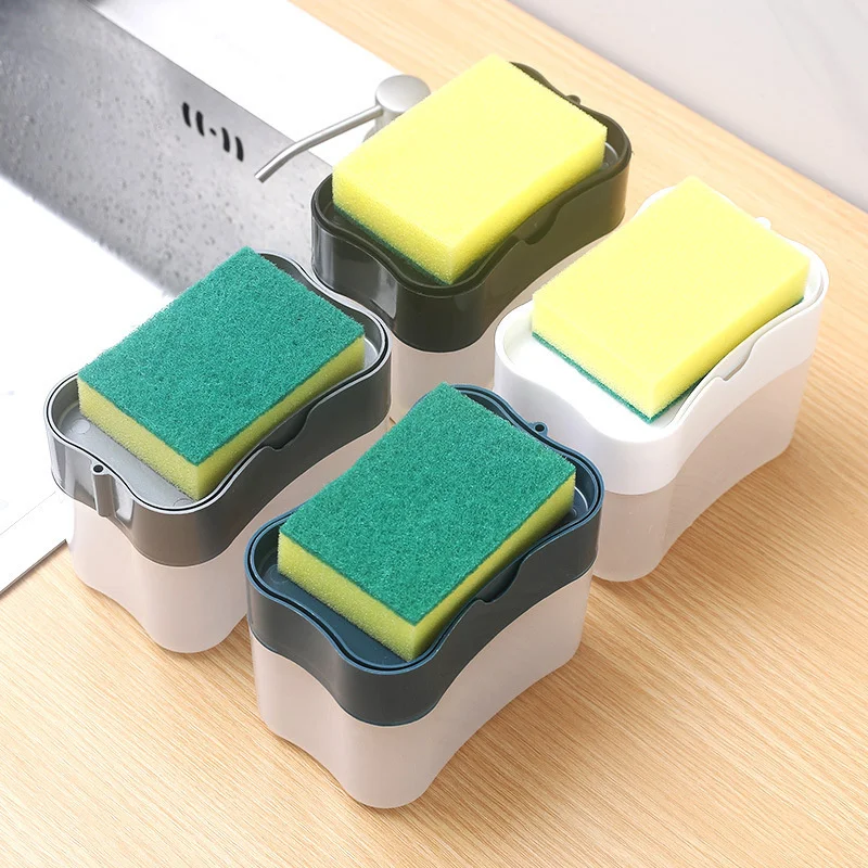 Kitchen Dishwashing Sponge Cleaner Gadgets Brush Detergent Box Automatic Liquid Dispenser Push Scouring Pad for Washing Dishes