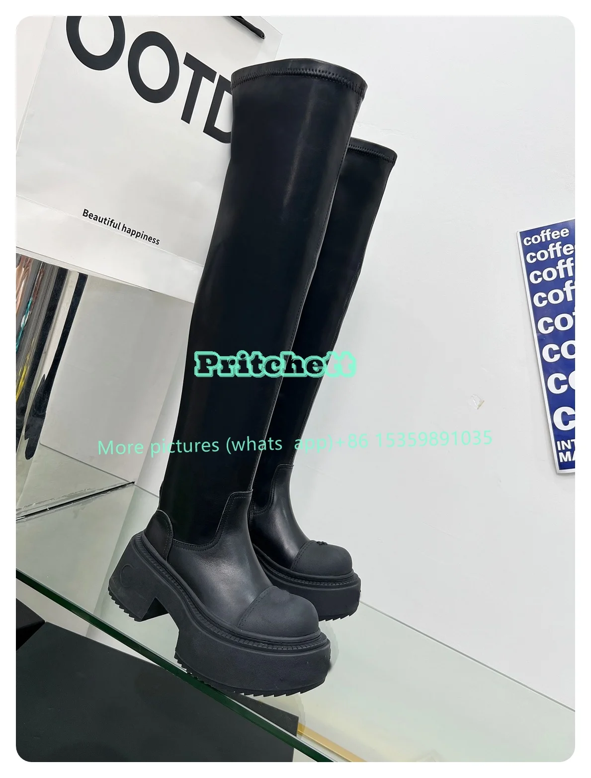 Black Platform Chunky Heels Round Toe Over-knee Boots Women Height Increasing Fashion Boots Side Zipper 2024 New Arrivals Solid