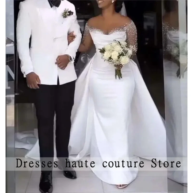 

Customized Hot Sale African Wedding Dress Detachable Train Sheer Neck Long Sleeves Heavy Handwork Beads Satin Bride Gowns Vestid