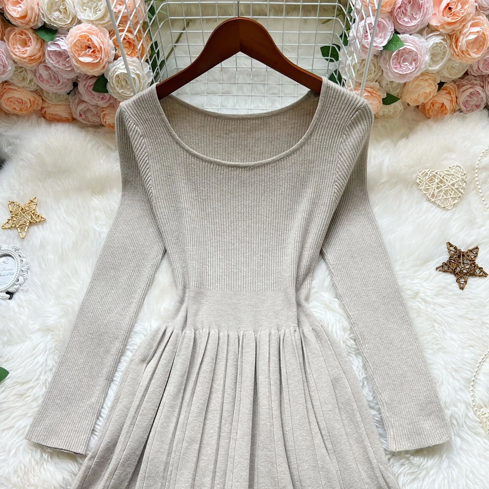 YuooMuoo Korean Fashion A-line Short Dress 2025 Autumn Winter Women Basic All Match Black Knitted Dress Lady Solid Pleated Dress