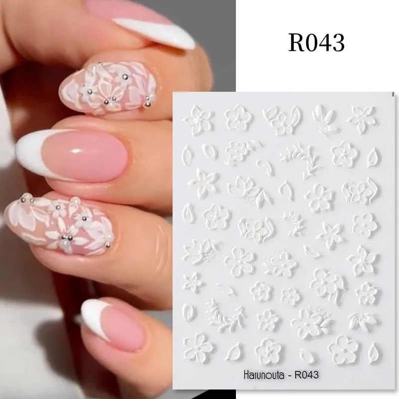 Harunouta Lace Flower Acrylic Embossed 5D Nail Stickers Jellycolor Floral Geometric Sliders Autumn Winter Adhesive Nail Decals