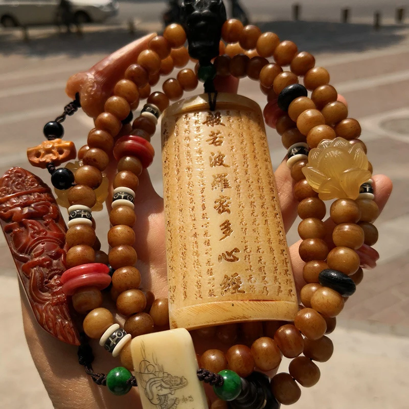 

Old Camel Bone Carved Heart Sutra 108 Beads Ethnic Series Accessory Gift Camel Bone Dragon Amulet Buddha Pendant Necklace