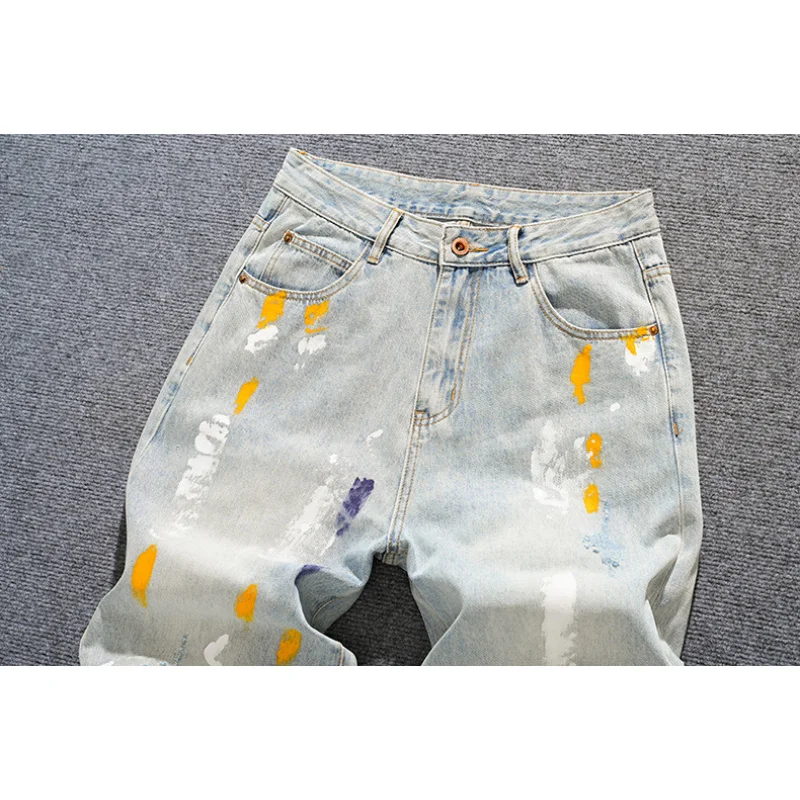 

Spring and summer loose straight leg jeans for men, splashed ink dot paint print, fashionable distressed patch, wide leg pants