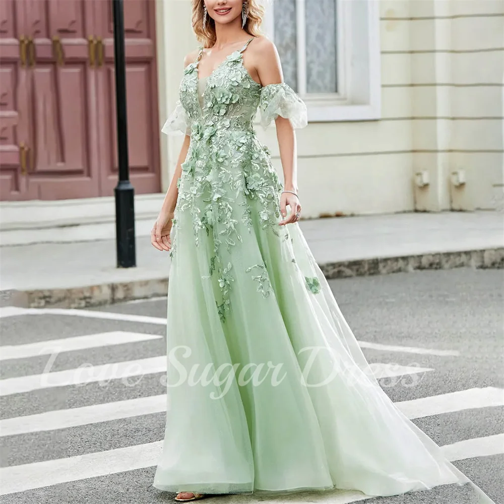 A Line Tulle Evening Dresses For Women Lace Applique Long Prom Dress Off Shoulder V Neck Formal Party Gowns robes de soirée