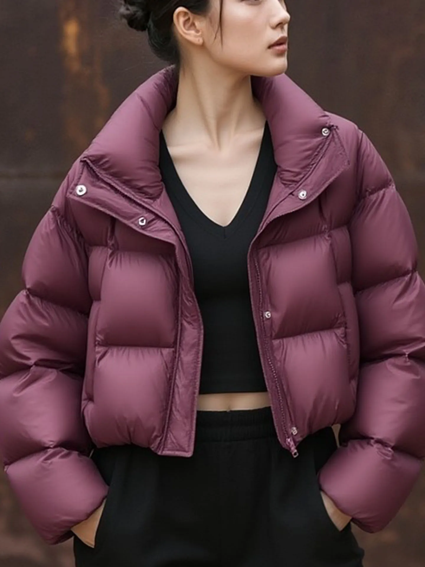 เสื้อโค้ทขนฟูสีแดงไวน์สำหรับผู้หญิง สไตล์เกาหลี แฟชั่นลำลอง เอวสูง แขนยาว อุ่นสบาย