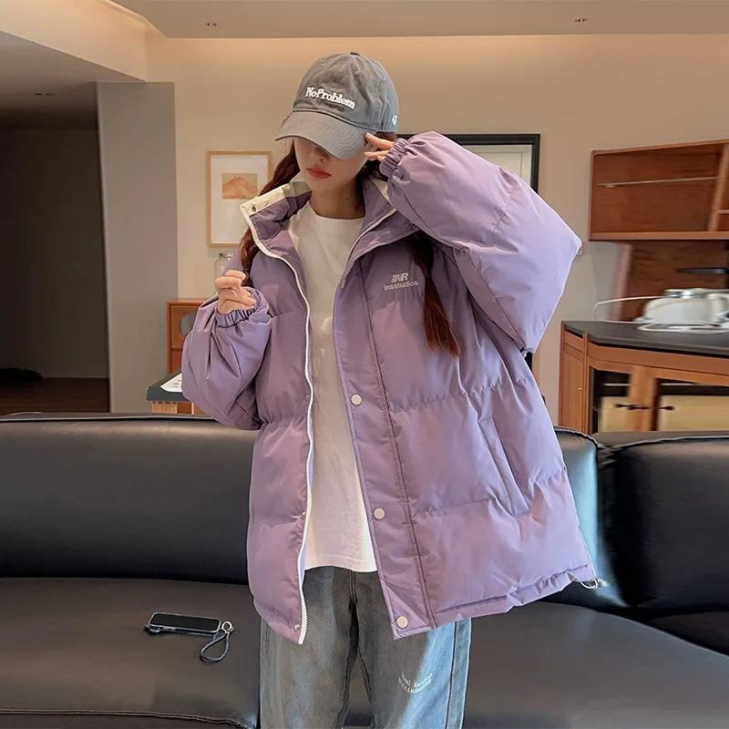 

Новое зимнее свободное пальто большого размера для пар из хлопка в стиле ретро с воротником-стойкой и надписью, женская верхняя одежда для колледжа, пальто