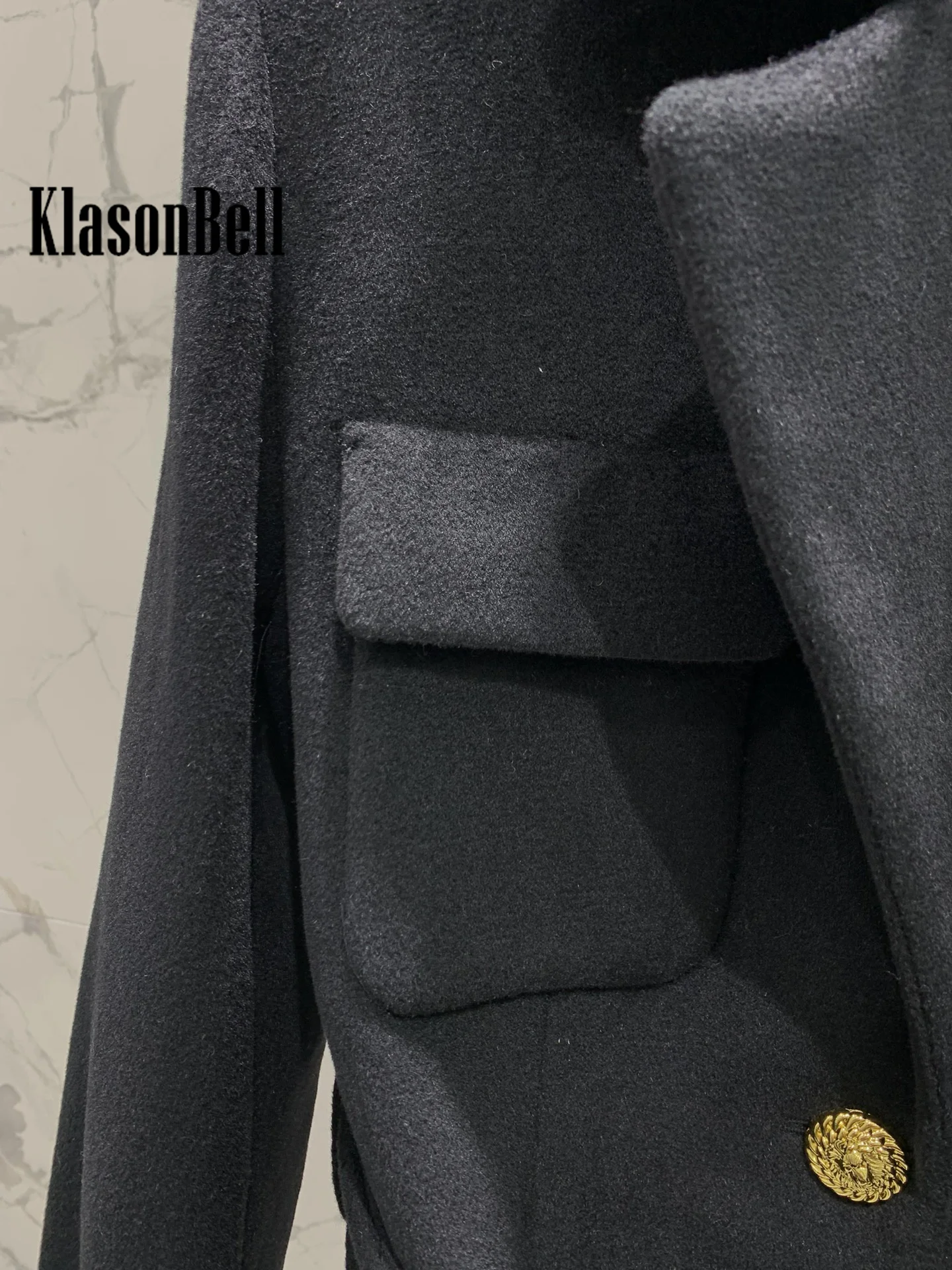 8.7 KlasonBell Women Elegant Turn-down Collar Lion Gold Button Wool Slim Coat Buckle Sashes Collect Waist Short Outerwear