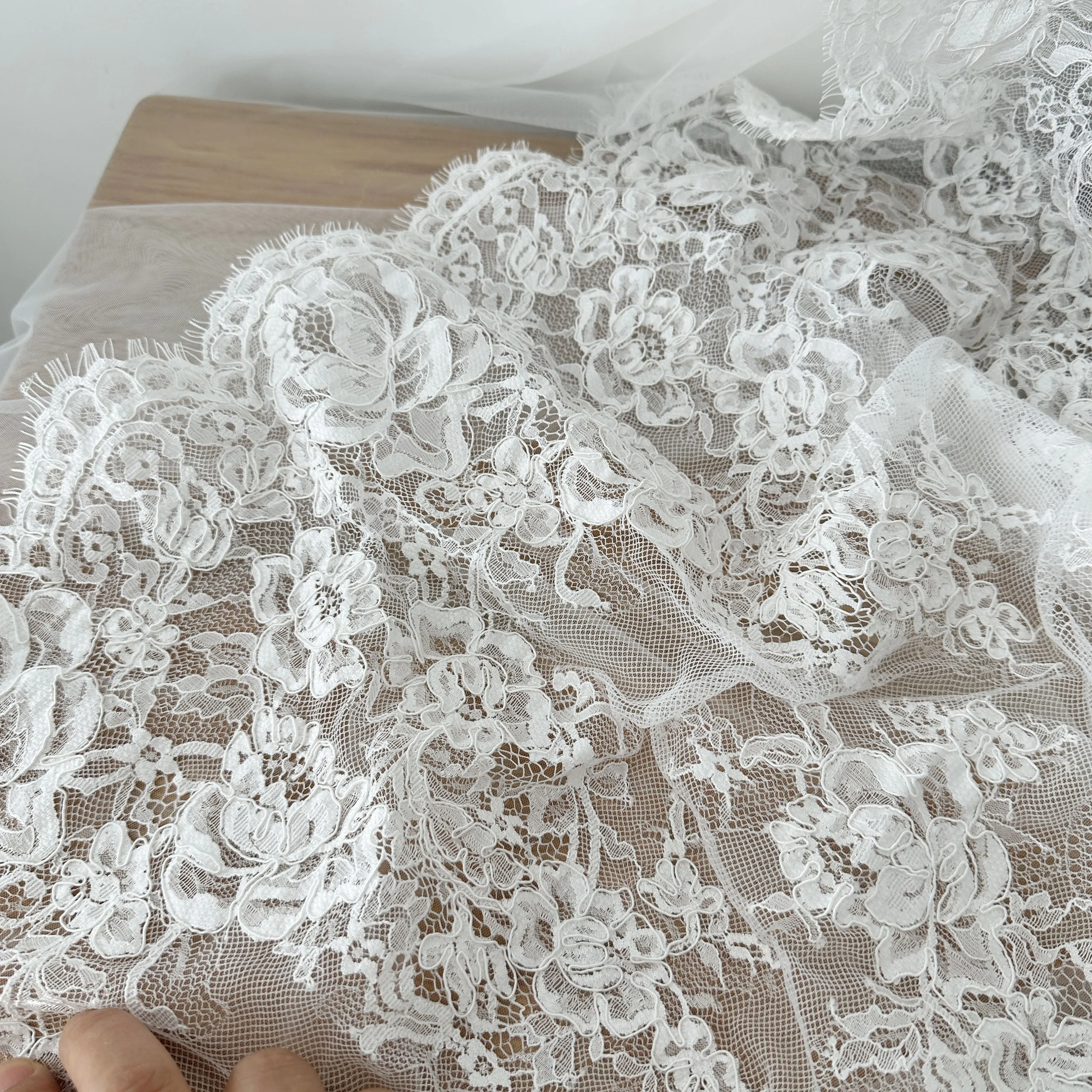 3 Yards French Made Fine Geometric Couture Alencon Embroidery Lace Fabric at 150cm wide, Couture Wedding Gown Fabric