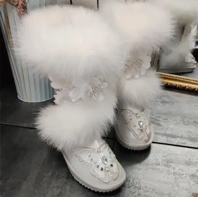 Winter Sweet Girls White Thick Fox Fur Butterfly Crystal Rhinestone Flat Mid-calf Snow Boots Women Round Toe High Top Boots Shoe