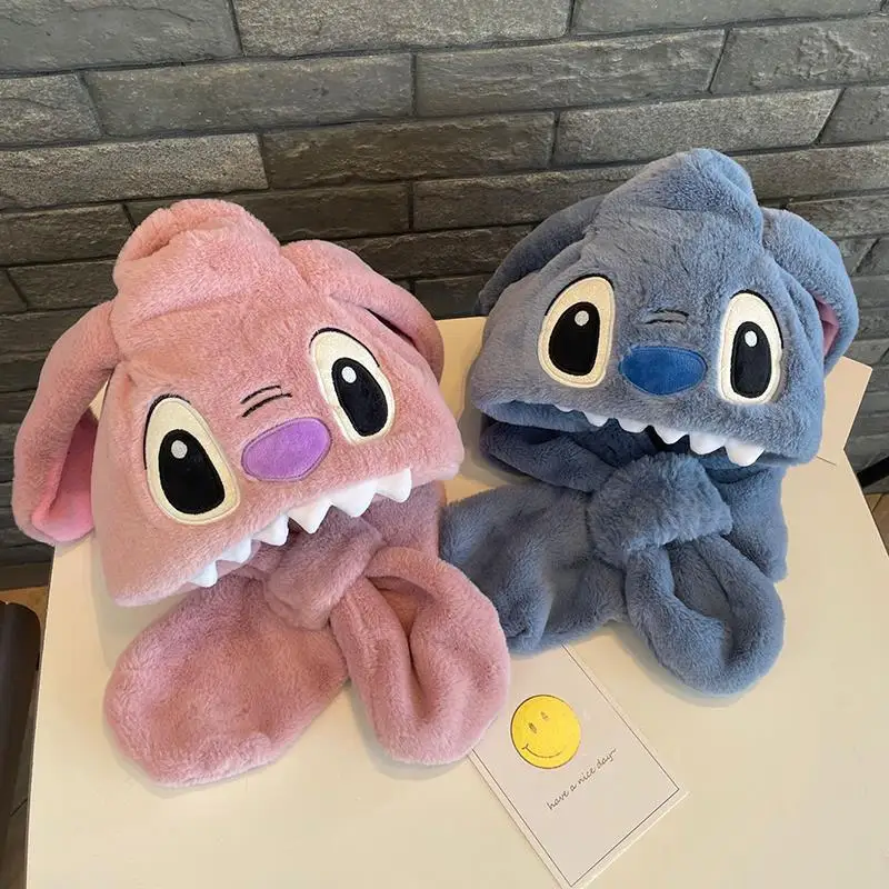 

Disney Stitch Winter Hat Cute Women's Hats Scarves Sets Boy Girl Thick Warm Fluffy Plush Set Anime Ear Protection Headwear Caps