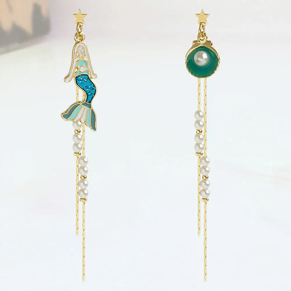 1Pair Pearl Shell Ear Drops Asymmetrical Fringe Earring for Women Fashion Ear Dangler Stylish Jewelry Gift for Hawaiian Party