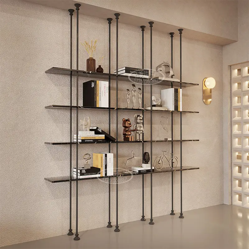 Hoisting round tube shelf, minimalist bookshelf, floor column display rack, hanger storage rack, hanging multi-layer wine rack