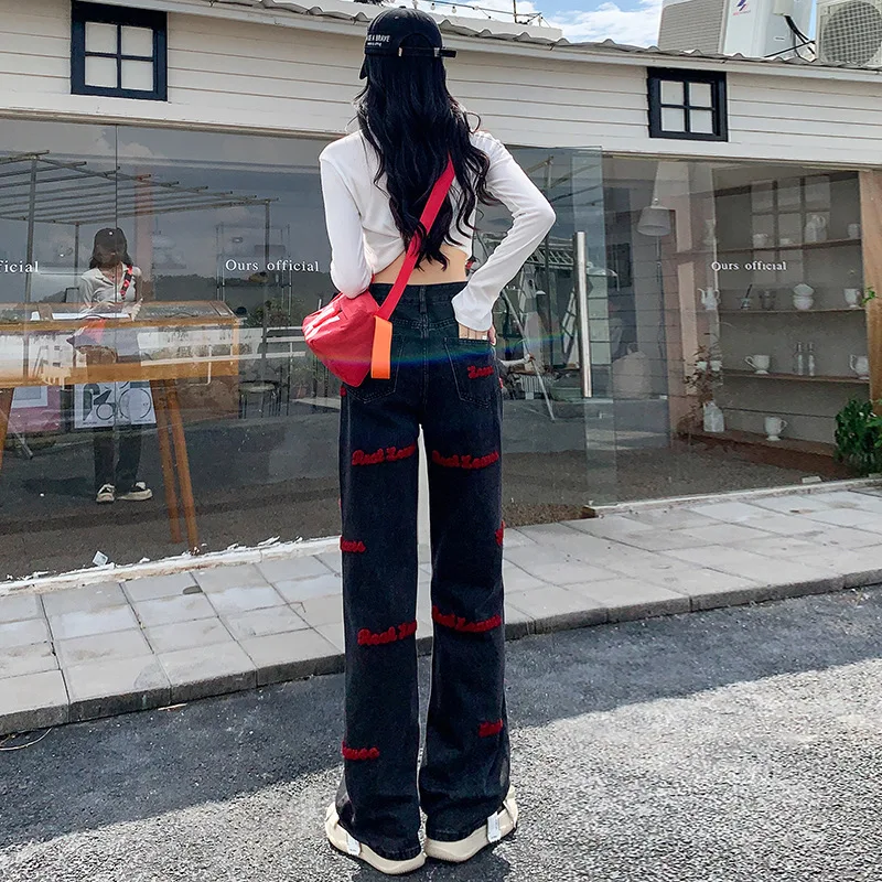 High quality long jeans for women wide leg letter embroidery cotton denim casual young ladies vintage trousers - blue black