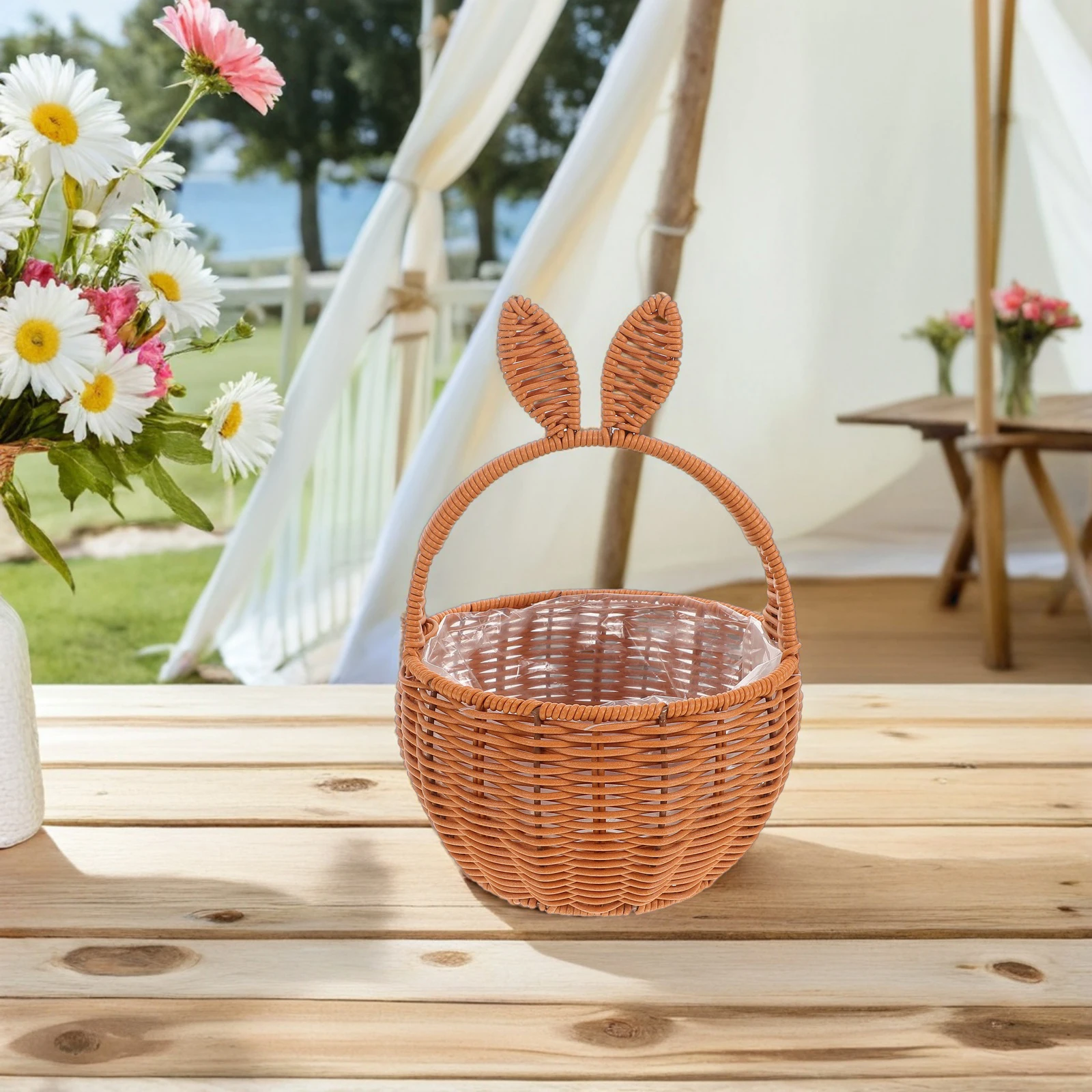 

Portable Handwoven Flower Basket Rabbit Ears Storage Camping Picnic Fruit Egg Braided Wicker Basket Home Decor Durable Material