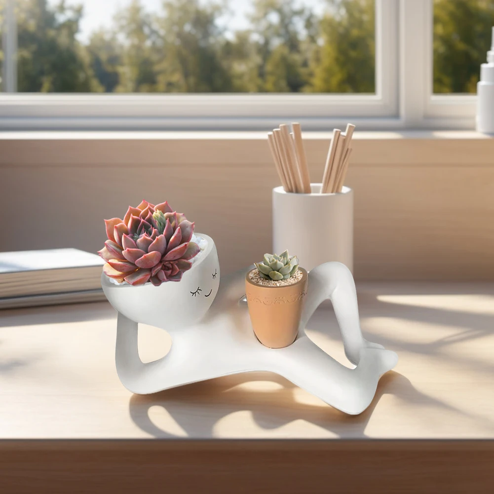 Pessoa relaxante segurando pote plantador com furo de drenagem plantador crespo ornamento resina engraçado pote suculento decoração de escritório em casa