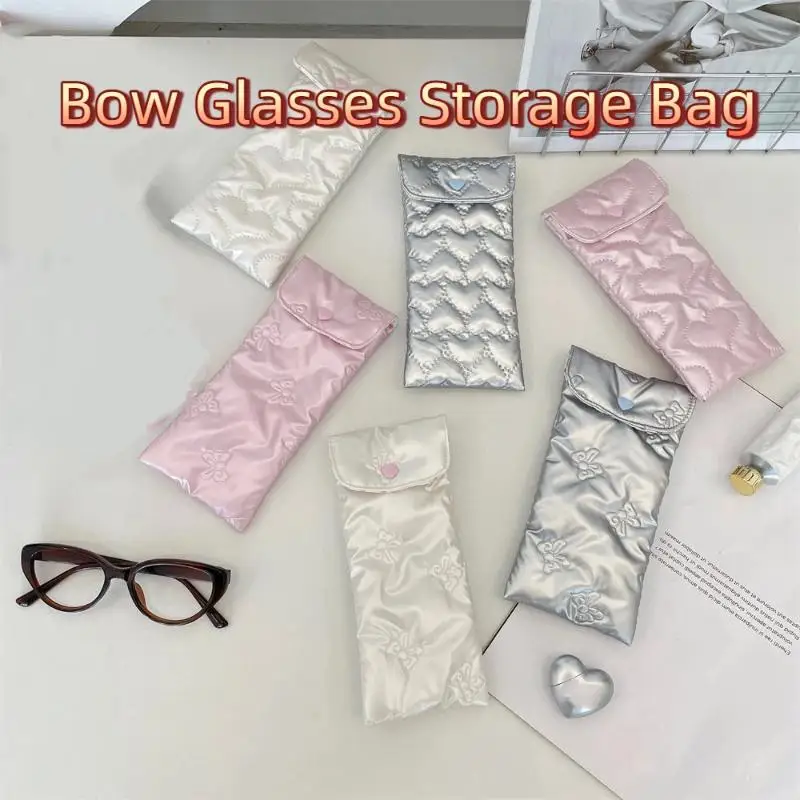 

Glasses Pouch Bow Embossed Heart PU Leather With Bow Heart Shaped Patterns Eyewear Storage Case Bow Pouch Eyewear Accessory