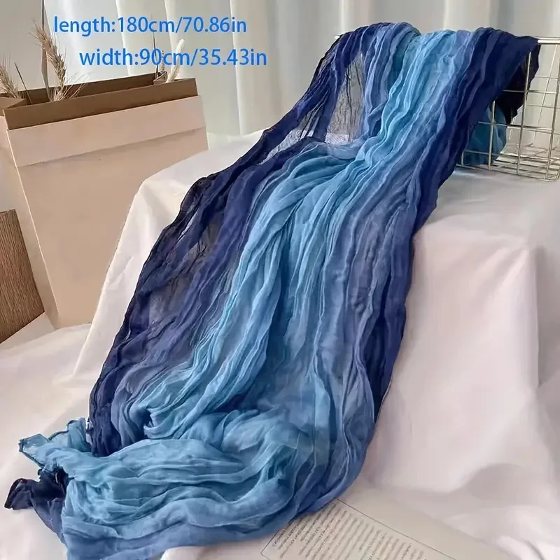 Böhmischer blauer Schal mit Farbverlauf für Damen, leicht, weich und atmungsaktiv, gerüschter Schal, perfekt für Strandurlaub und Freizeitausflüge – Detail 4