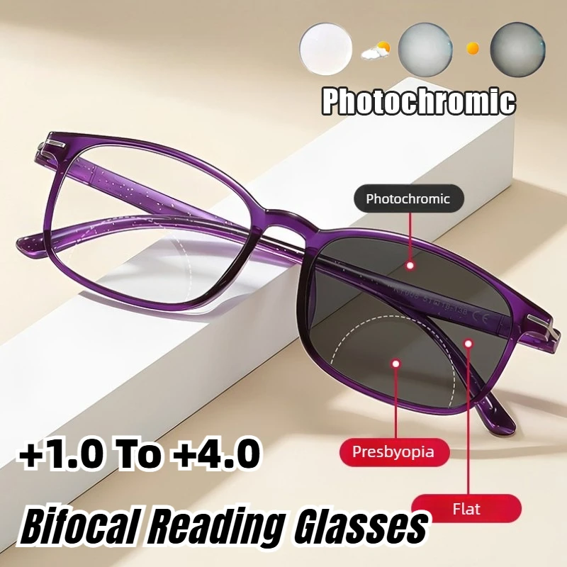 Photochrome Anti-Blaulicht-Lesebrille, Unisex, modisch, ultraleicht, bifokale Presbyopie-Brille +1,0 bis +4,0