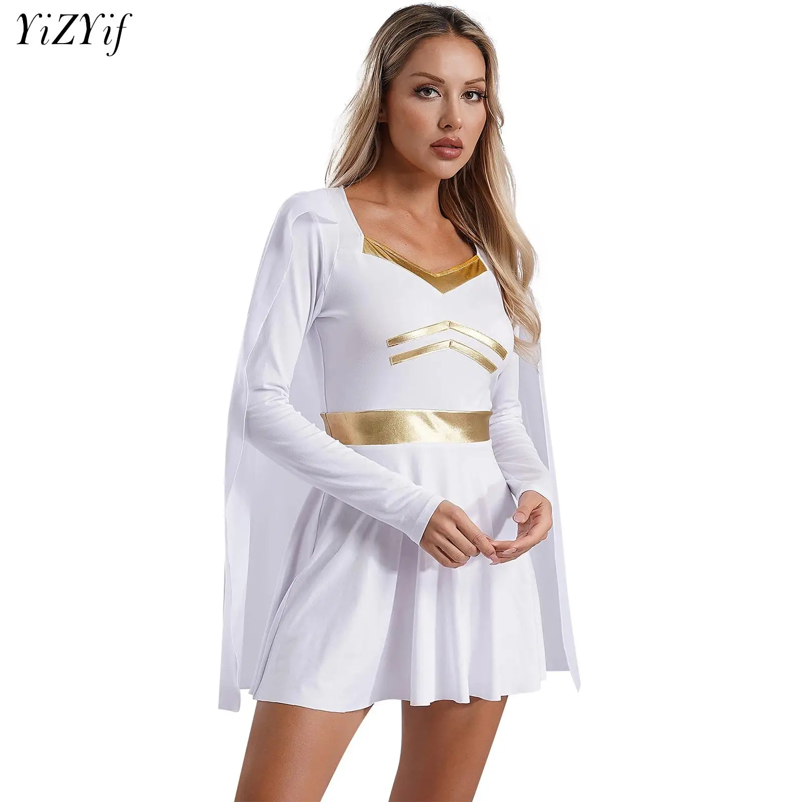 

Womens Halloween Roman Greek Deity Cosplay Costume Chiffon Trims Ancient Toga Dress Greece Goddness Queen Movie Role Play