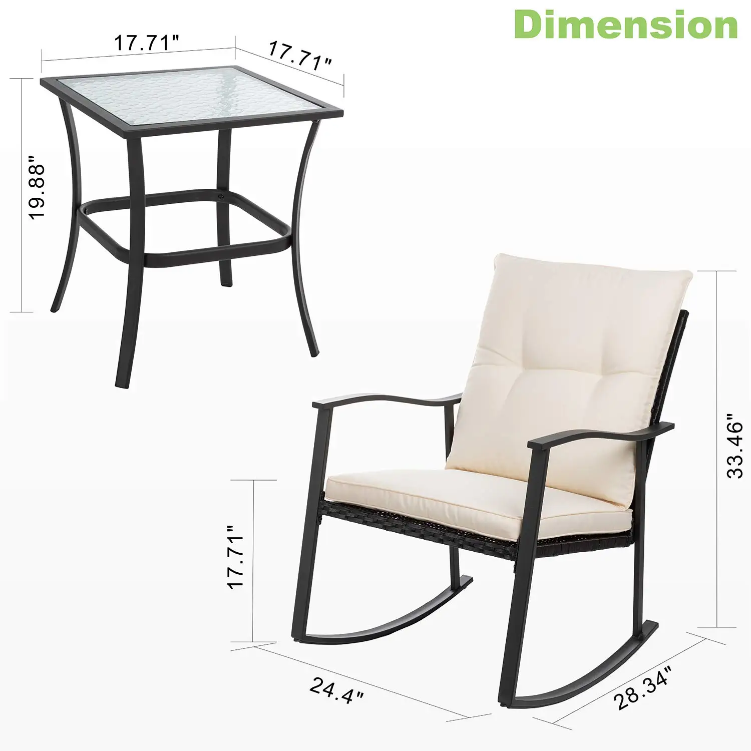 3 Piece Outdoor Rocking Chair Set, PE Wicker Rattan Small Bistro Set, Front Porch Furniture Rocking Chairs Set of 2