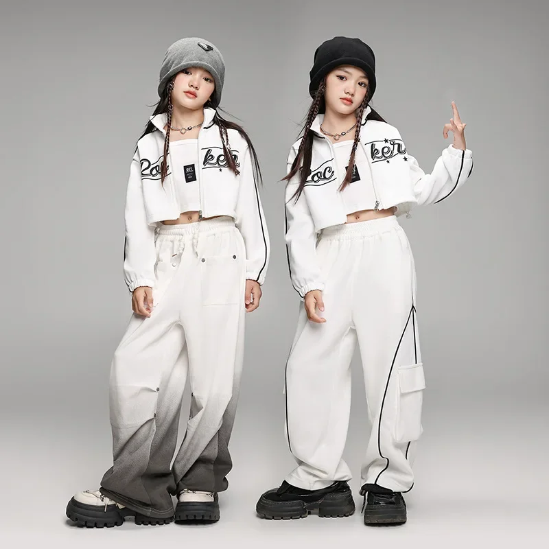 Girls Jazz Dance Clothes White Coat Baggy Pants for Kids Hip Hop Costume Teenagers Breaking Street Dance Suit