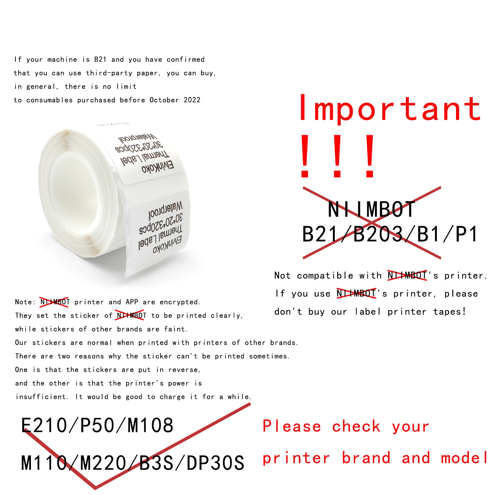 5PK E210 P50 Label Paper Sticker 40*40mm 180pcs/roll White Label Tape Waterproof Tag Sticker for E210 Label Printer M110 M220