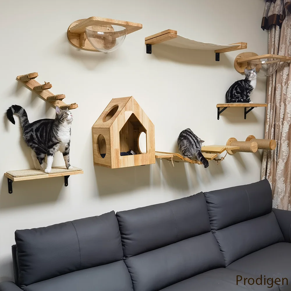 Cat Wall Activity Climbing Set Wall Mounted Cat Tree Shelves Hammock Scratching Post Cats Stairs Wood House Furniture Toys