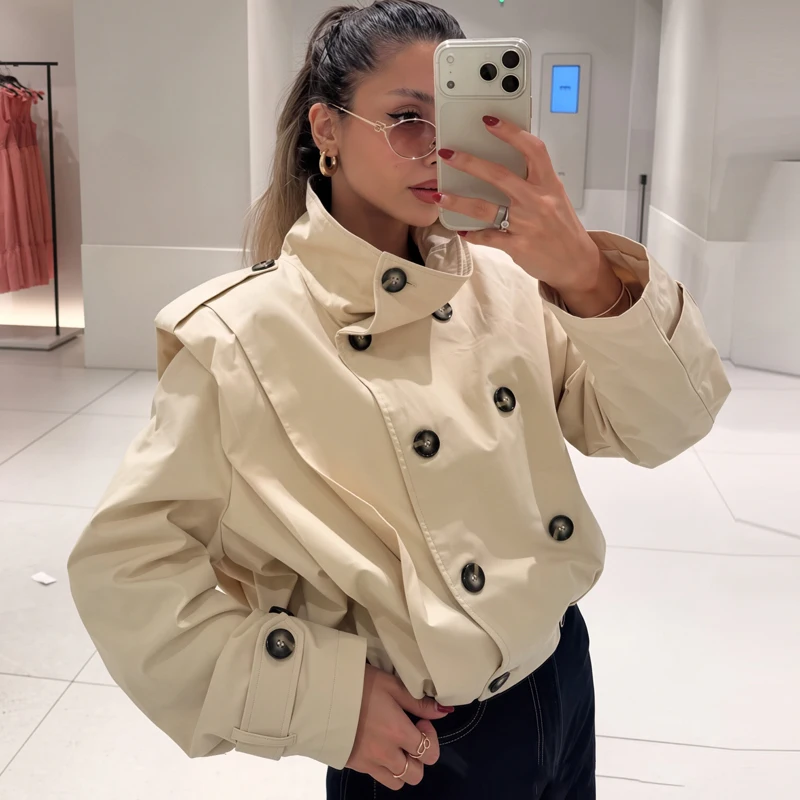 Women Cropped Trench Coat Long Sleeve Tops Female Double Breasted Pleated Jacket Fall Short Windbreaker Casual Women's Outerwear