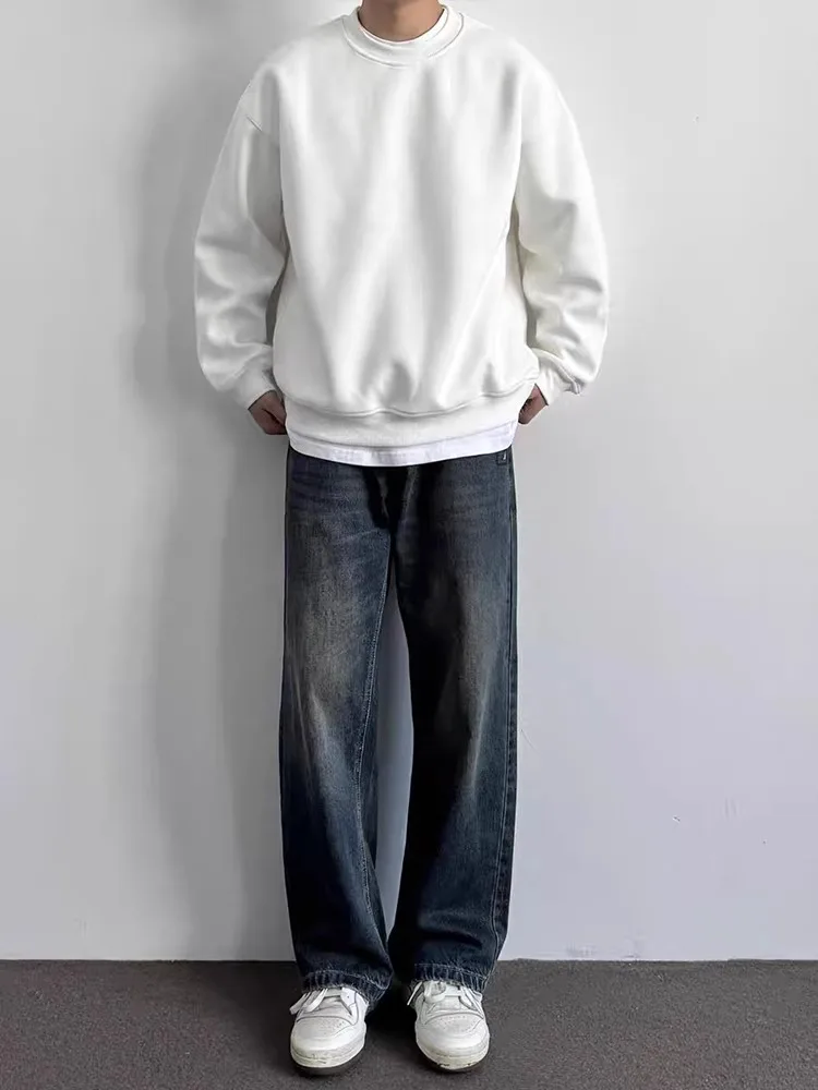 Calça Jeans Masculina Azul Escuro, Perna Reta, Inverno, Estilo Americano Retrô do, Perna Larga Soltinha, Micro Flare, Juv...